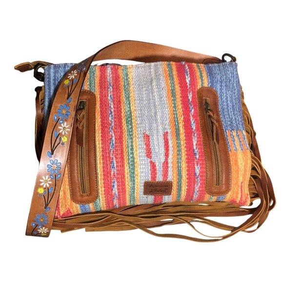 American Darling Bag Woven Fringe Shoulder Bag Floral Leather Strap Multi-Color - Picture 7 of 16